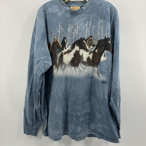 Vintage The Mountain Shirt Mens Large Blue Tie Dye Horses Long Sleeve 1999 XL - Picture 4 of 6